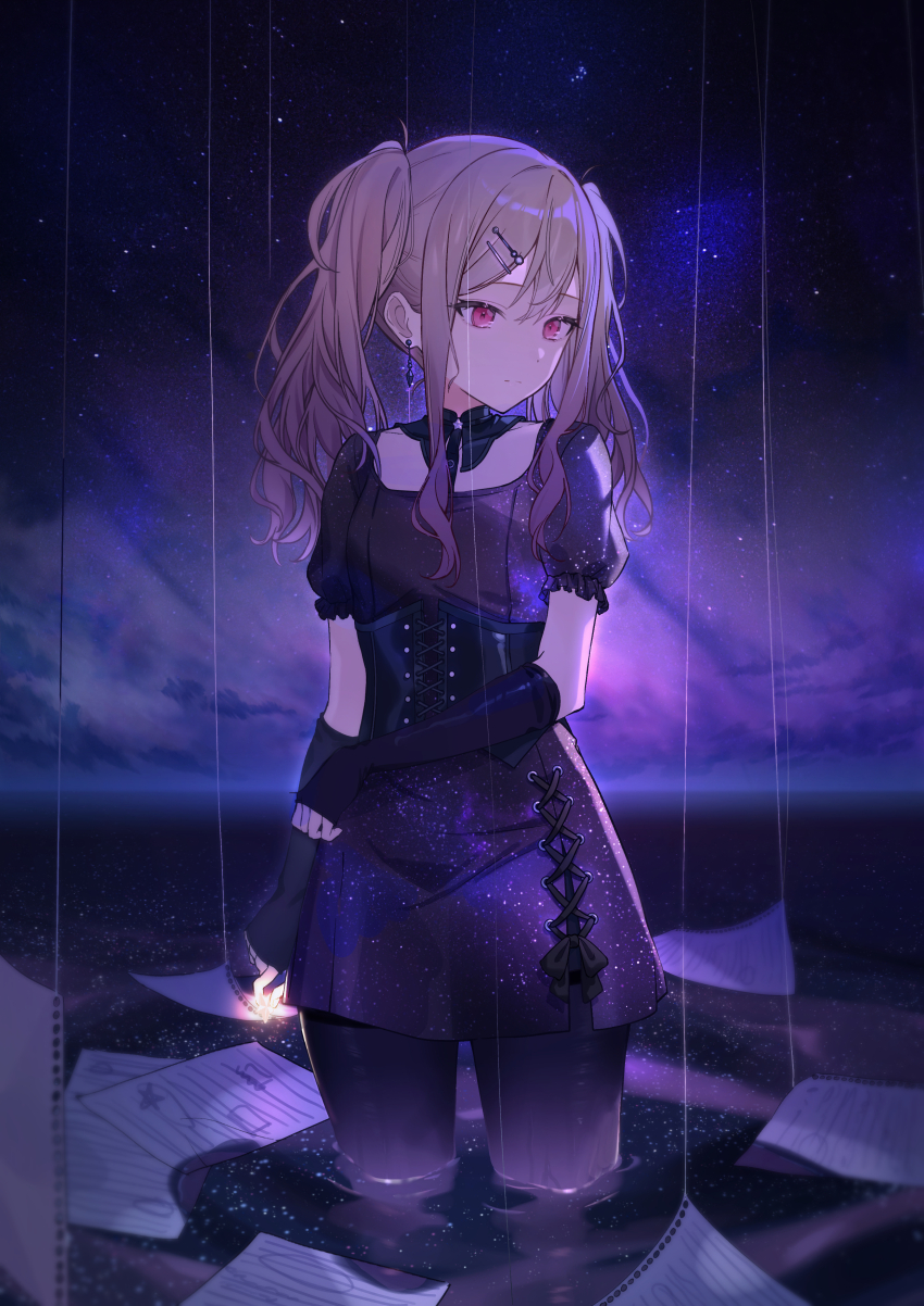 1girl absurdres black_corset black_ribbon blonde_hair commentary_request corset earrings elbow_gloves fingerless_gloves gloves hair_ornament hairclip highres jewelry long_hair paper project_sekai puffy_short_sleeves puffy_sleeves red_eyes ribbon short_sleeves solo standing tenma_saki timmoo twintails unworn_hair_ornament unworn_hairclip water
