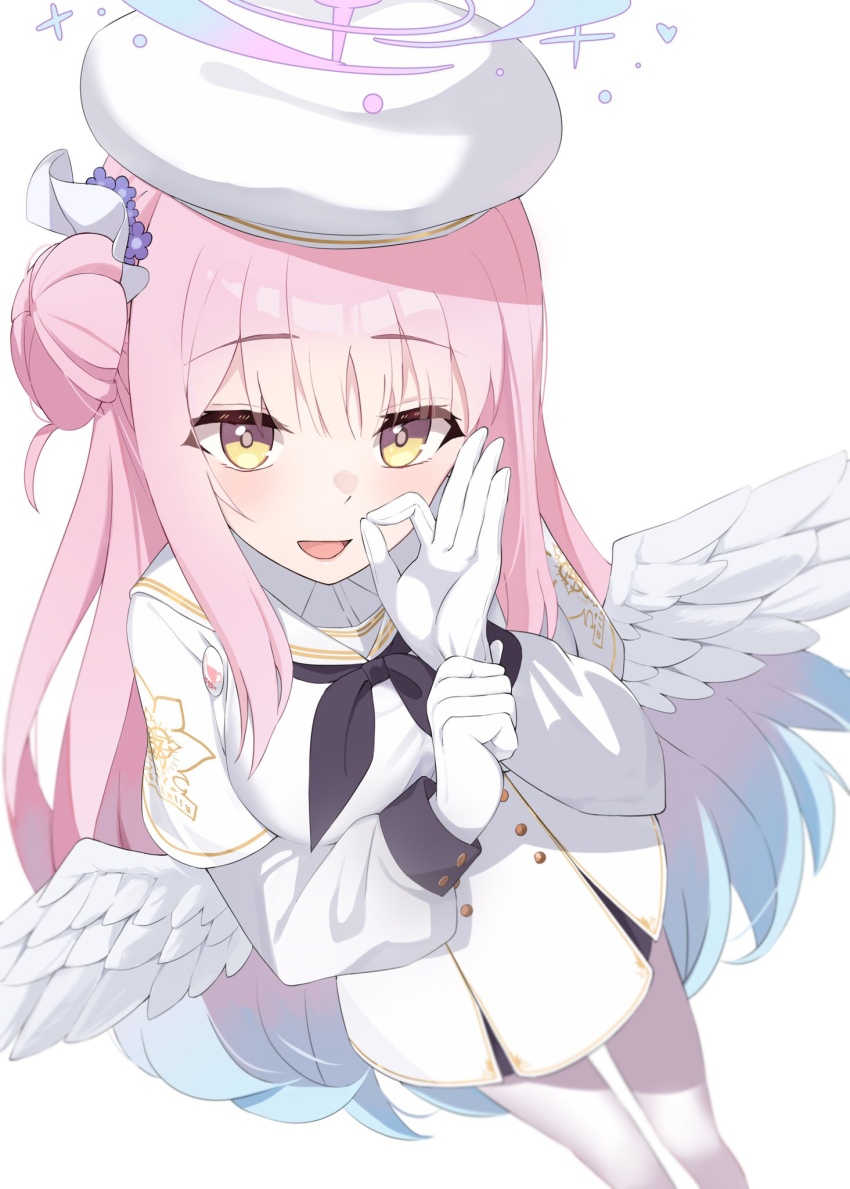 1girl angel_wings beret blue_archive blush cosplay dress feathered_wings feza_chen_(ushaku) from_above hair_bun halo hat highres long_hair long_sleeves looking_at_viewer mika_(blue_archive) open_mouth pantyhose pink_hair pink_halo simple_background single_side_bun smile solo tea_party_militant_(blue_archive) tea_party_militant_(blue_archive)_(cosplay) white_background white_dress white_hat white_pantyhose white_wings wings yellow_eyes