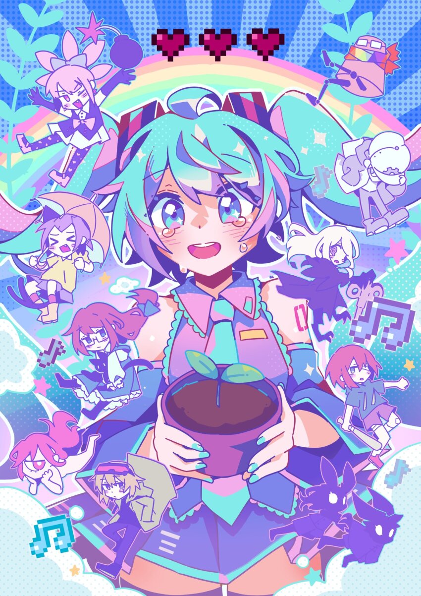 &gt;_&lt; 1boy 2others 6+girls :d ;d aqua_hair aqua_nails aqua_necktie arm_tattoo baseball_bat black_pantyhose blue_eyes bomb boots bow brown_hair cat cloud collared_shirt commentary creator_connection english_commentary explosive eyepatch eyewear_on_head fang fingernails flower_pot glasses green_jacket grey_shirt grey_skirt hair_bow happy_tears hat hatsune_miku heart heart_print hello_planet_(vocaloid) highres holding holding_baseball_bat holding_flower_pot holding_plant holding_umbrella jacket multiple_girls multiple_others musical_note necktie number_tattoo nyamen_ramen one-eyed one_eye_closed open_mouth outline pantyhose pink_eyes pink_hair pink_shoes plant purple_bow rainbow red_eyes red_hair red_socks shirt shoes shorts skirt sleeveless sleeveless_shirt smile socks solo_focus songover sprout star_(symbol) tattoo tears teeth tongue twintails umbrella upper_teeth_only vocaloid white_hat white_outline yellow_boots yellow_shirt