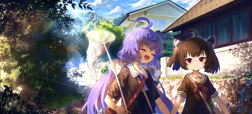 2girls absurdres ahoge ap04astral bag black_shirt blue_sky blush bow brown_hair butterfly_net child closed_eyes closed_mouth cloud commentary dappled_sunlight fang grass hair_bow hair_ornament hairclip hand_net headgear highres holding holding_butterfly_net house bug_cage knife_hair_ornament lens_flare multiple_girls neckerchief no_headwear open_mouth otomachi_una outdoors power_lines puffy_short_sleeves puffy_sleeves purple_hair purple_neckerchief red_eyes red_neckerchief sailor_collar shirt short_sleeves shoulder_bag skin_fang sky star_(symbol) star_hair_ornament stone_wall sunlight tile_roof touhoku_kiritan tree twintails utility_pole vocaloid voiceroid white_bag white_sailor_collar window