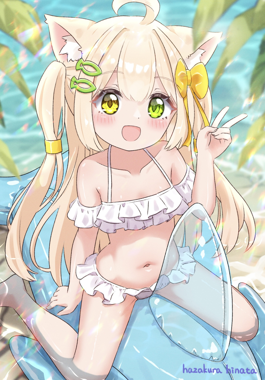 1girl :d ahoge animal_ear_fluff animal_ears artist_name barefoot bikini blonde_hair blush bow breasts cat_ears cat_girl collarbone commentary_request fish_hair_ornament green_eyes hair_bow hair_ornament hair_tubes hairclip halterneck hand_up hazakura_hinata heterochromia highres inflatable_orca inflatable_toy kurumi_(hazakura_hinata) long_hair looking_at_viewer navel off-shoulder_bikini off_shoulder open_mouth original outdoors parallel_hairclips ruffle_bikini sitting small_breasts smile solo swimsuit two_side_up v white_bikini yellow_bow yellow_eyes