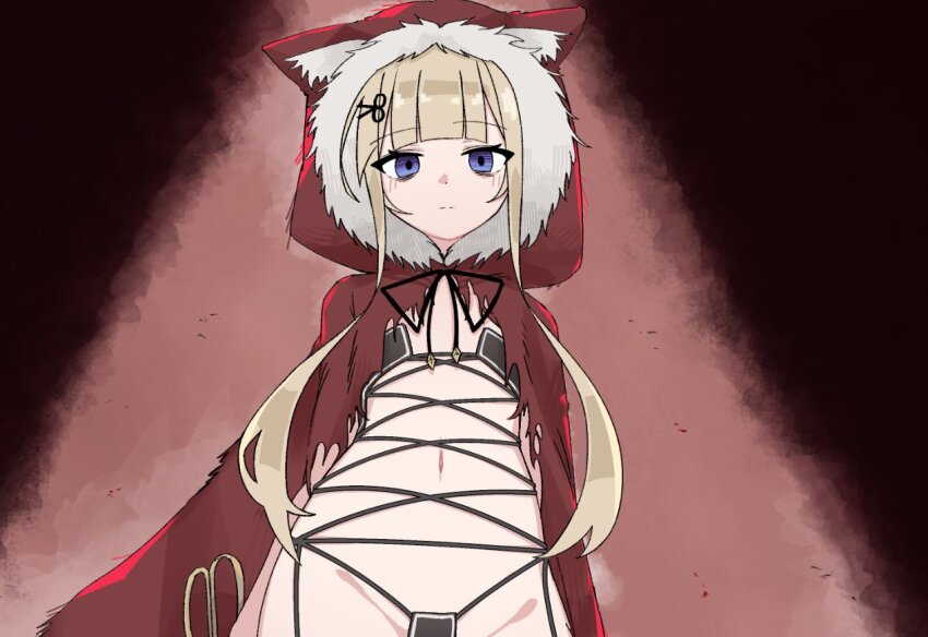 amanogawa_shiina bikini black_bikini black_souls blonde_hair blue_eyes blush cosplay flat_chest hood lyrinne navel phase_connect red_hood red_hood_(black_souls) string_bikini swimsuit virtual_youtuber