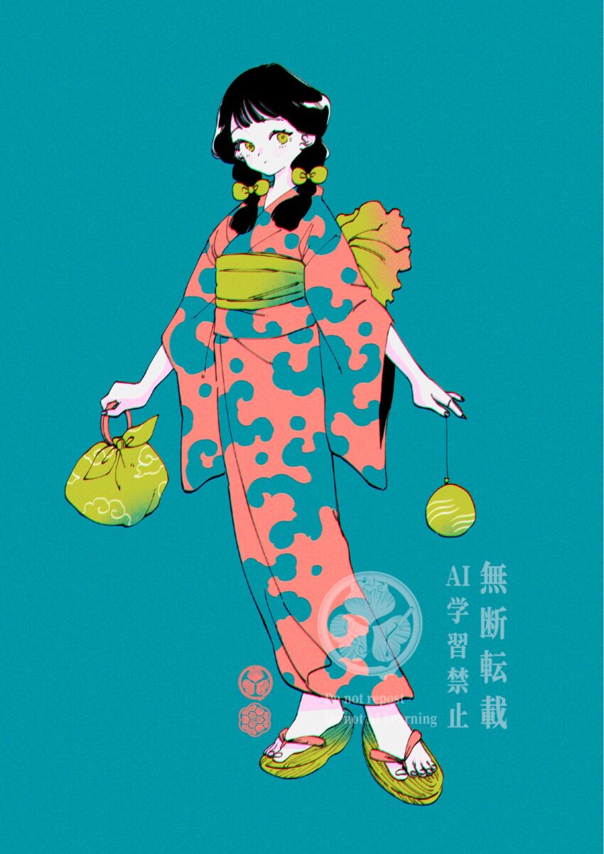 1girl asagiwa_ico black_hair blue_background bow braid choppy_bangs closed_mouth commentary crest dot_mouth feet full_body hair_bow head_tilt highres holding_kinchaku japanese_clothes kimono kinchaku looking_at_viewer low_twin_braids obi original patterned_clothing pink_kimono pouch sandals sash simple_background solo standing symbol-only_commentary toenails twin_braids water_yoyo watermark yellow_bow yellow_eyes zouri