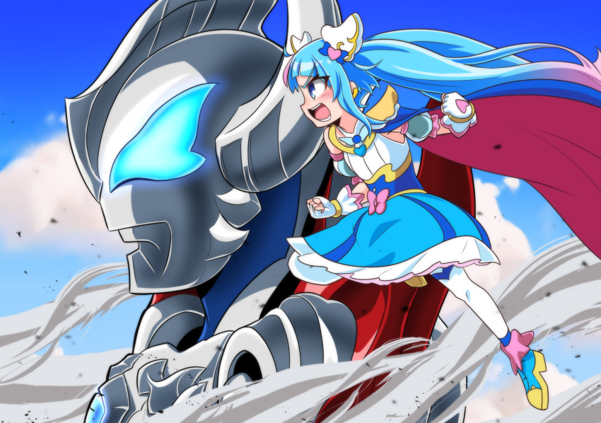 1boy 1girl alien ankle_boots armor blue_cape blue_dress blue_eyes blue_footwear blue_hair blue_sky boots bow brooch cape clenched_hand cloud cloudy_sky commentary_request crossover cure_sky cut_bangs day detached_sleeves dress dress_bow earclip earrings fingerless_gloves floating frilled_dress frills fringe_trim from_side frown gloves gradient_hair hair_ornament highres hirogaru_sky!_precure jewelry leg_up long_hair looking_to_the_side magical_girl male_focus medium_dress multicolored_hair no_pupils open_mouth outdoors partial_commentary pink_bow pink_hair precure puffy_detached_sleeves puffy_sleeves red_cape single_earring single_sidelock sky sleeveless sleeveless_dress smoke sora_harewataru streaked_hair takezuchi thighhighs tokusatsu twintails two-sided_cape two-sided_fabric two-tone_dress two-tone_hair ultra_series ultraman_geed ultraman_geed_(series) very_long_hair white_dress white_gloves white_thighhighs wind wing_brooch wing_hair_ornament
