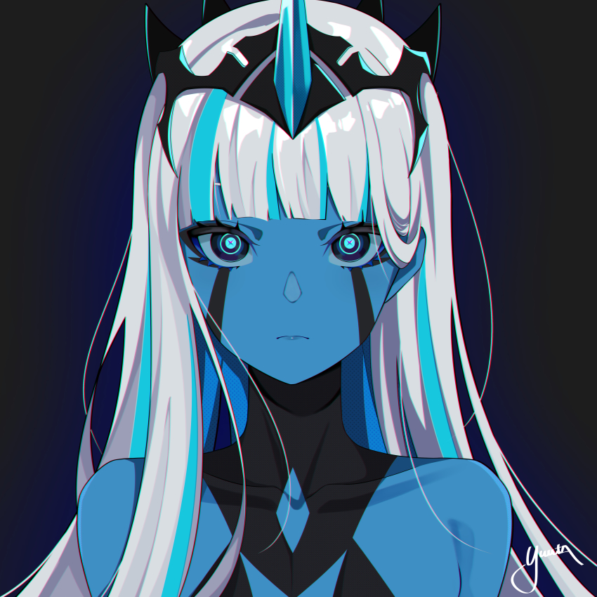 001_(darling_in_the_franxx) 1girl absurdres bad_id bad_pixiv_id blue_eyes blue_hair blue_skin closed_mouth collarbone colored_skin darling_in_the_franxx headpiece highres horns long_hair looking_at_viewer multicolored_hair signature silver_hair single_horn solo streaked_hair two-tone_hair upper_body very_long_hair yuuta_(yuuta0312)