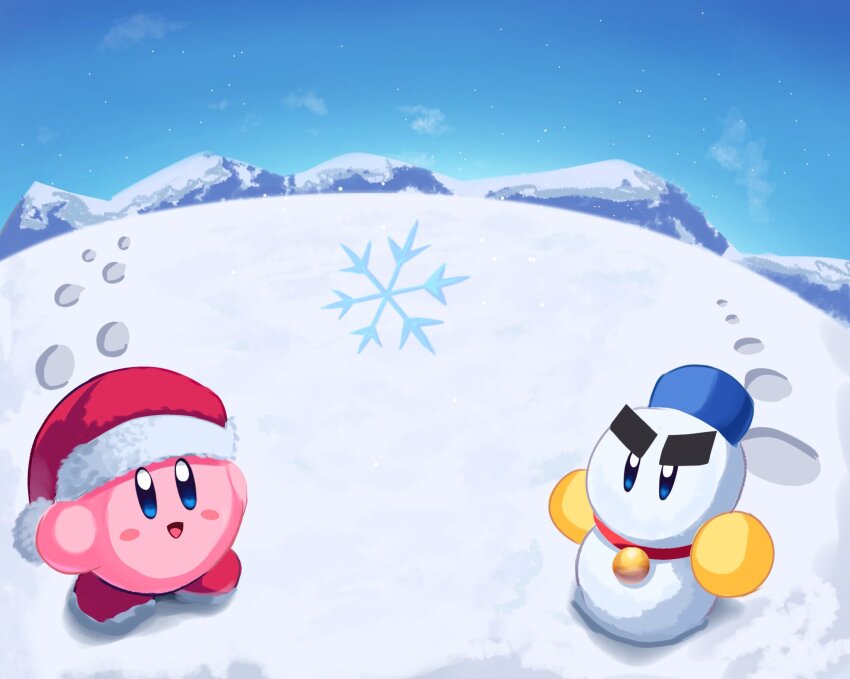 2boys bell blue_eyes chilly_(kirby) day fez_hat footprints hat highres kirby kirby_(series) kirbyearthbound mountain multiple_boys neck_bell nintendo santa_hat snowflakes thick_eyebrows winter
