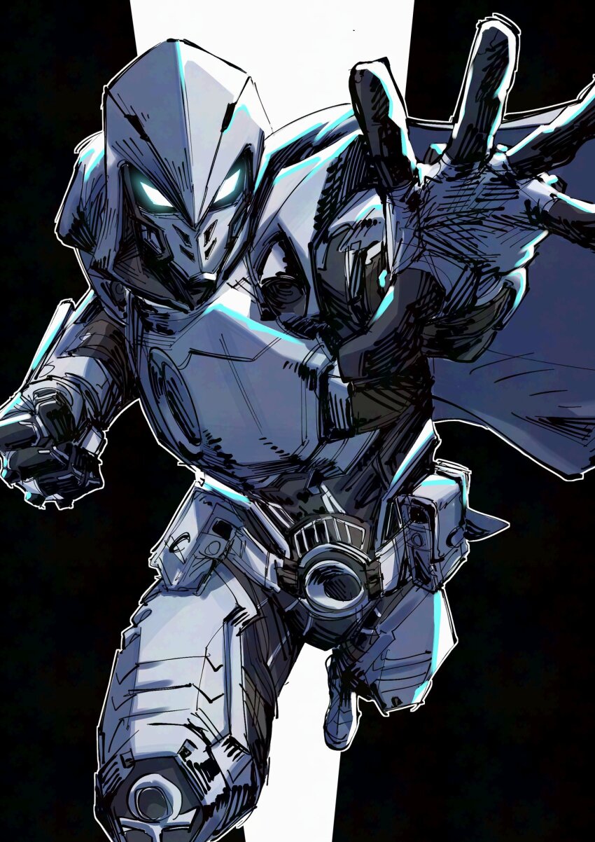 1boy bodysuit cape gloves glowing glowing_eyes highres hood hood_up looking_at_viewer male_focus marvel marvel_rivals mask moon_knight simple_background solo superebiseeeen superhero_costume white_bodysuit white_cape white_gloves