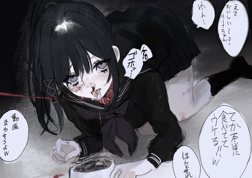 1girl akai_ringo_(eveyuno) animal_collar black_hair blood blood_on_face collar hair_ribbon high_ponytail highres kneeling looking_up original pet_play ponytail ribbon tongue tongue_out