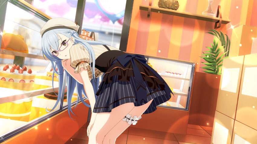 1girl beret brown_hat brown_shirt cake dutch_angle food frilled_sleeves frills from_behind game_cg glasses grey_hair grey_skirt hair_between_eyes hair_flowing_over hat indoors kitora_mirja leaning_forward long_hair looking_at_viewer looking_back miniskirt non-web_source official_art orange_eyes parted_lips pink-framed_eyewear plaid_clothes plaid_shirt plaid_skirt puffy_short_sleeves puffy_sleeves shirt short_sleeves skirt solo strawberry_cake thigh_strap toji_no_miko toji_no_miko:_kizamishi_issen_no_tomoshibi window