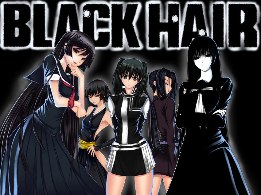5girls black_eyes black_hair black_serafuku bleach closed_mouth color_connection commentary_request crossover d.gray-man english_text fangs grey_eyes hagoromo_gitsune hair_color_connection hand_on_own_chin hand_on_own_hip highres kaibutsu_oujo kamura_reiri kousaka_shigure lenalee_lee long_hair long_sleeves looking_at_viewer medium_hair multiple_girls nurarihyon_no_mago open_mouth pleated_skirt ponytail red_eyes school_uniform serafuku shijou_saikyou_no_deshi_ken&#039;ichi short_hair simadu-kazuhisa skirt smile standing sui-feng twintails very_long_hair