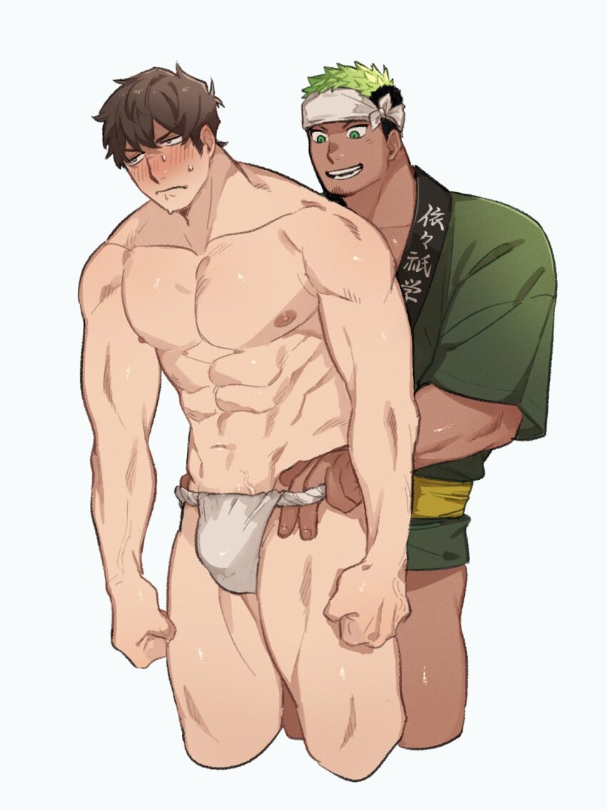 2boys abs averting_eyes bara bare_legs black_hair blush brown_hair clenched_hands couple cropped_legs dark-skinned_male dark_skin embarrassed facial_hair fundoshi goatee_stubble green_eyes green_hair green_happi hand_in_underwear headband highres ikusaba_daisuke japanese_clothes looking_at_another male_focus multiple_boys muscular muscular_male navel nipples pectorals protagonist_4_(housamo) short_hair simple_background stubble sweat tokyo_houkago_summoners topless_male undercut veins veiny_arms veiny_crotch wanijima white_background white_headband yaoi