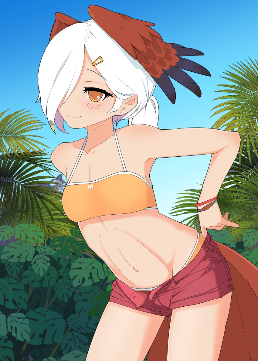 1girl absurdres alternate_costume bare_shoulders bikini bikini_under_clothes bird_girl bird_tail bird_wings bracelet brahminy_kite_(kemono_friends)_(illu_(illu_stratos)) commentary cowboy_shot hair_ornament hairclip head_wings highres illu_(illu_stratos) jewelry kemono_friends midriff navel orange_bikini orange_eyes original ponytail red_shorts short_hair short_shorts shorts solo spaghetti_strap swimsuit symbol-only_commentary tail white_hair wings