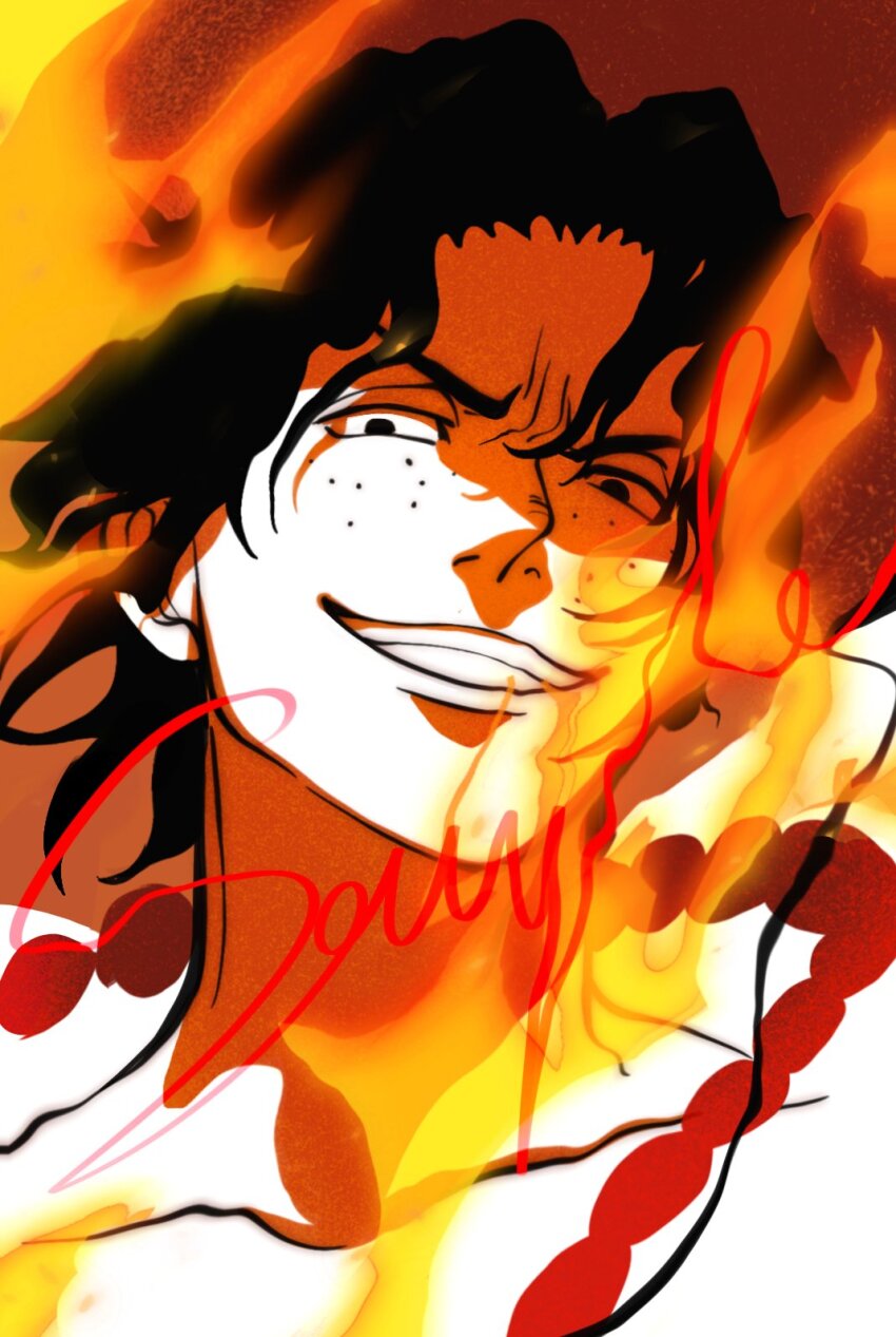 1boy black_hair commentary fengcheche fire freckles hat highres jewelry male_focus necklace one_piece orange_hat pearl_necklace portgas_d._ace portrait sample_watermark short_hair smile solo symbol-only_commentary watermark