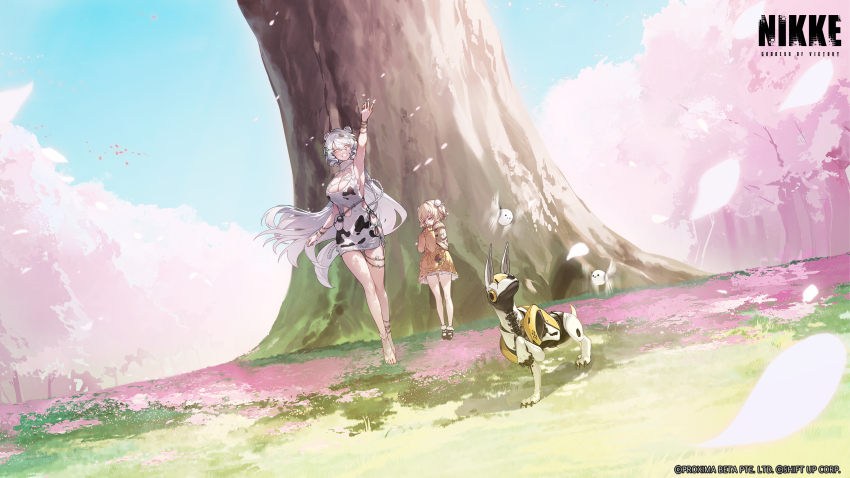 2girls absurdres animal_print arm_up bag bird blonde_hair blue_sky breasts cherry_blossoms cleavage closed_eyes clothing_cutout commentary cow_print day dress english_commentary full_body goddess_of_victory:_nikke handbag highres large_breasts liter_(cute_sunflower)_(nikke) liter_(nikke) long_hair long_sleeves looking_at_viewer medium_hair multiple_girls navel_cutout non-humanoid_robot official_art on_grass outdoors robot robot_animal shoes short_twintails sky smile standing sweater thigh_strap tree trina_(nikke) twintails volt_(nikke) yellow_dress yellow_sweater