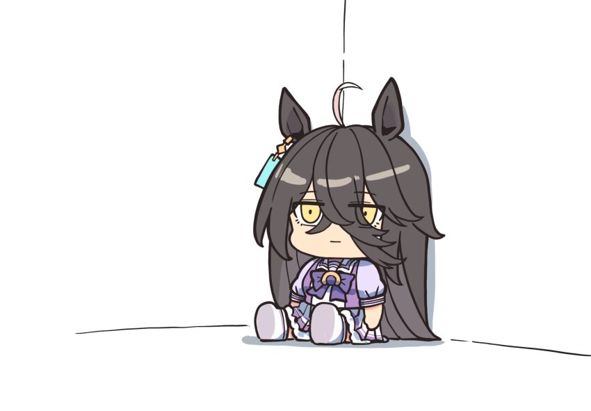 1girl ahoge animal_ears b9pqpy black_hair bow bowtie commentary_request doqute_stuffed_doll earrings hair_between_eyes highres horse_ears horse_girl horseshoe_ornament jewelry long_bangs long_hair long_hair_between_eyes manhattan_cafe_(umamusume) pleated_skirt puffy_short_sleeves puffy_sleeves purple_bow purple_bowtie purple_shirt sailor_collar sailor_shirt school_uniform shirt short_sleeves single_earring sitting skirt solo tracen_school_uniform umamusume white_hair white_skirt yellow_eyes
