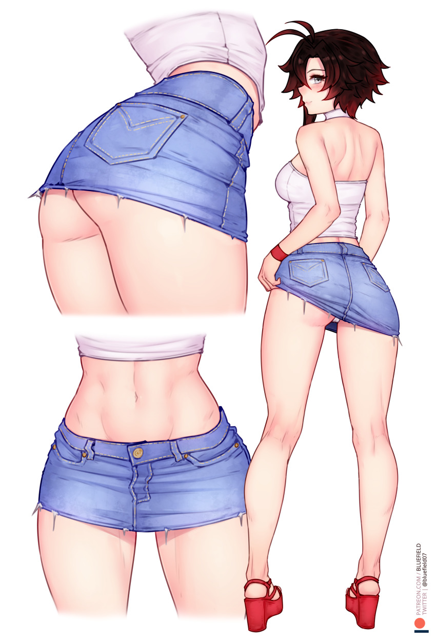 1girl absurdres ass ass_focus bare_shoulders black_hair blue_skirt bluefield clothes_lift cropped_legs denim denim_skirt embarrassed from_behind full_body gradient_hair grey_eyes high_heels highres linea_alba looking_at_viewer medium_hair midriff miniskirt multicolored_hair multiple_views panties pencil_skirt platform_footwear red_footwear red_hair ruby_rose rwby sandals shoulder_blades simple_background skirt skirt_lift smile standing tight_skirt underwear upskirt wedge_heels white_background white_panties