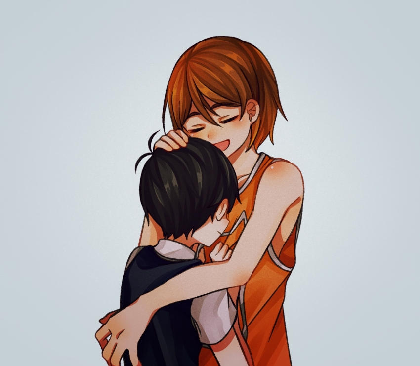 2boys :d antenna_hair bare_arms bare_shoulders black_hair black_sweater_vest brown_hair closed_eyes collarbone commentary_request double-parted_bangs grey_background hair_behind_ear hair_between_eyes hand_on_another&#039;s_head highres hug kel_(faraway)_(omori) kel_(omori) linglanjunying male_focus multiple_boys omori open_mouth orange_tank_top shirt short_hair short_sleeves simple_background smile sunny_(omori) sweater_vest tank_top u_u upper_body white_shirt