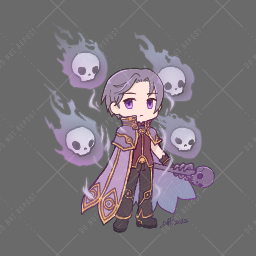 1boy 2022 black_pants black_shoes cape capelet chibi chibi_only closed_mouth expressionless fire flaming_skull floating_skull full_body gold_trim grey_background highres holding holding_staff lilblkrose looking_at_viewer male_focus pants purple_cape purple_capelet purple_eyes purple_hair ragnarok_online red_shirt shirt shoes short_hair skull solo staff watermark watermark_grid wizard_(ragnarok_online)
