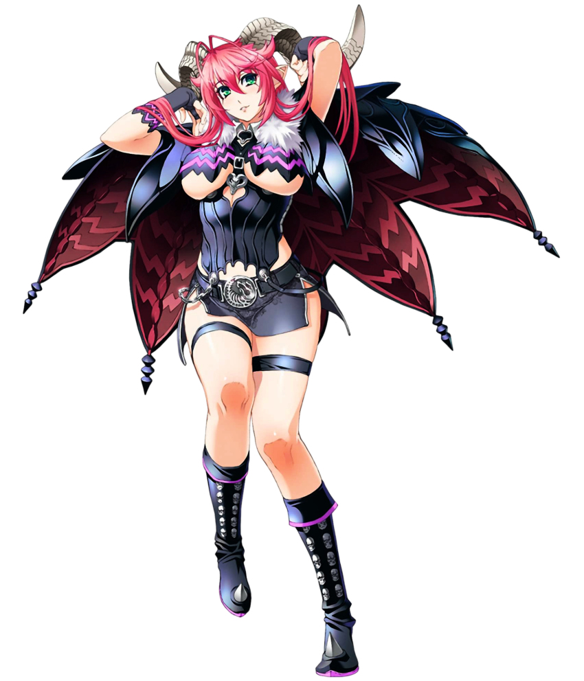 1girl arms_up asmodeus_(sin_nanatsu_no_taizai) asmodeus_(the_seven_deadly_sins) belt boots breasts cape colored_skin demon demon_girl demon_horns female_focus full_body green_eyes highres horns large_breasts long_hair miniskirt monster_girl navel nishii_(damnedrive) official_art pencil_skirt pink_hair pointy_ears simple_background sin_nanatsu_no_taizai skirt solo tagme the_seven_deadly_sins underboob white_skin