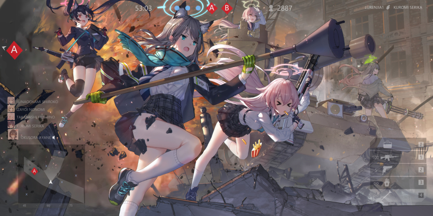 &gt;_&lt; 5girls absurdres ahoge animal_ear_fluff animal_ears anti-tank_grenade assault_rifle ayane_(blue_archive) battlefield_(series) battlefield_v beretta_1301 beretta_ar70/90 bike_shorts bike_shorts_under_skirt black_hair blazer blue_archive blue_eyes blue_necktie blue_scarf blurry bow brown_eyes brown_hair bullet cardigan cat_ears cat_girl collared_shirt commentary_request crusader_(tank) depth_of_field explosion explosive fire food french_fries gatling_gun gloves green_eyes green_gloves grenade grey_hair gun hair_between_eyes hair_bow hair_ribbon halo hifumi_(blue_archive) highres holding holding_gun holding_weapon hoshino_(blue_archive) jacket knee_pads long_hair long_sleeves lunge_mine m134_minigun medium_hair military_vehicle mismatched_pupils motor_vehicle mouth_hold multiple_girls necktie no_panties nonomi_(blue_archive) open_cardigan open_clothes outdoors pink_hair plaid_clothes plaid_skirt pleated_skirt red_eyes red_gloves ribbon riding rifle rubble scarf school_uniform serafuku serika_(blue_archive) shiroko_(blue_archive) shirt shoulder_strap sidelocks skirt swd3e2 tank twintails two-tone_gloves user_interface weapon wind wolf_ears wolf_girl