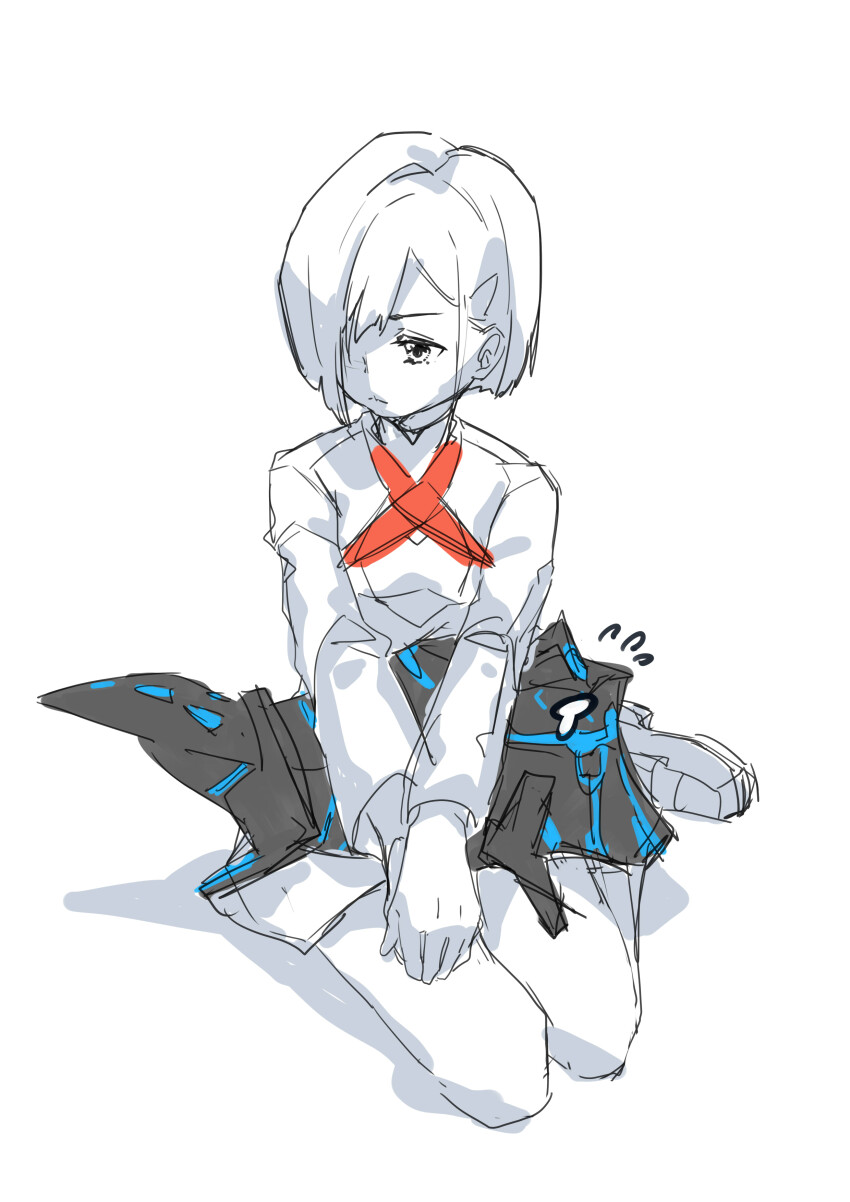 1girl absurdres asymmetrical_hair averting_eyes bob_cut closed_mouth creature creature_on_lap darling_in_the_franxx dress expressionless flying_sweatdrops hair_over_one_eye highres holding holding_creature ichigo_(darling_in_the_franxx) kross_(kira89757) kyoryuu loafers long_sleeves looking_to_the_side military_uniform on_ground own_hands_together partially_colored shadow shoes short_hair sitting sketch solo tearing_up v_arms yokozuwari