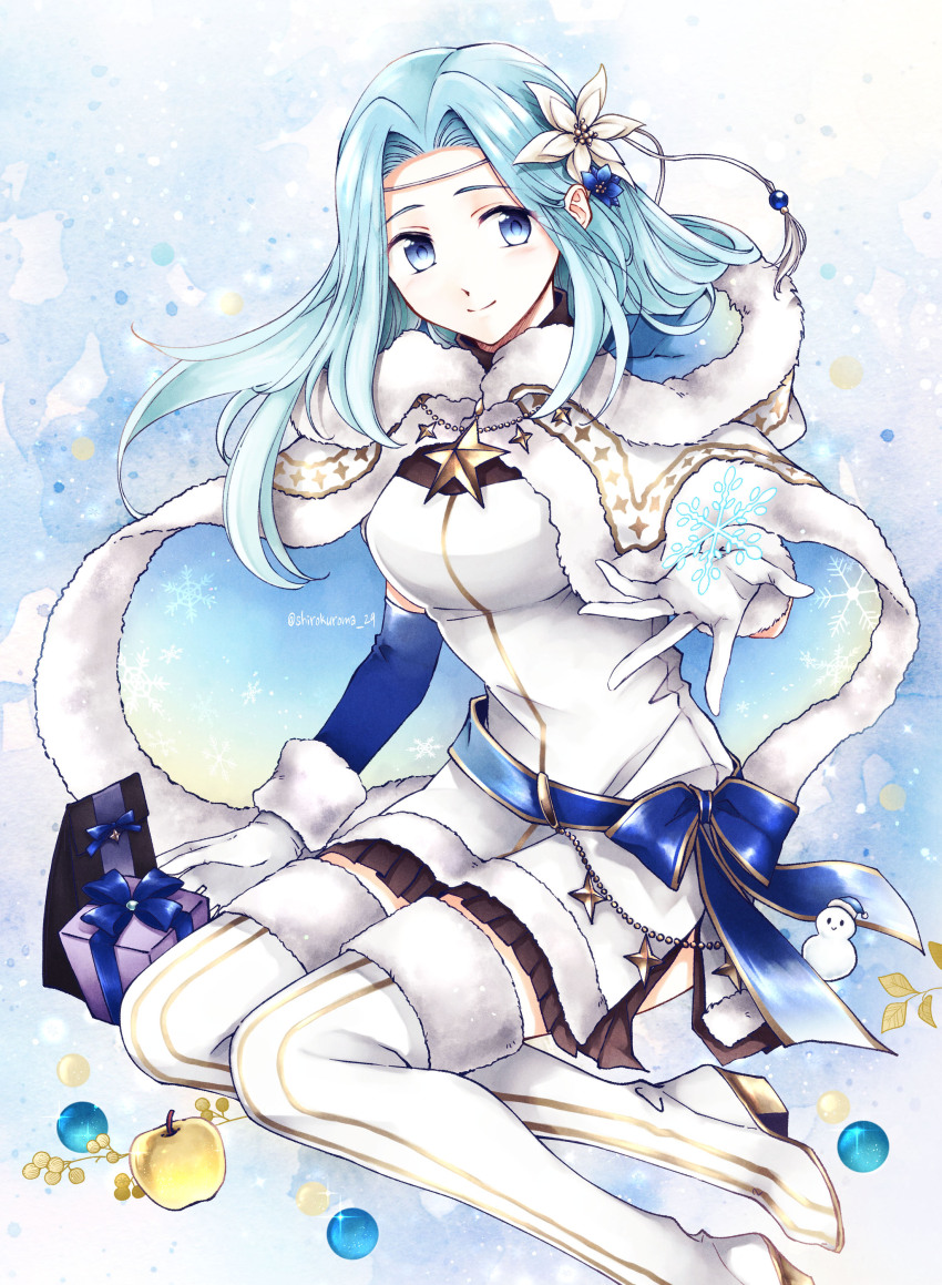 absurdres alternate_costume blue_eyes blue_hair christmas fiora_(fire_emblem) fire_emblem fire_emblem:_the_blazing_blade flower fur_trim hair_flower hair_ornament highres nintendo shirokuroma_29 snow snowflakes twitter_username