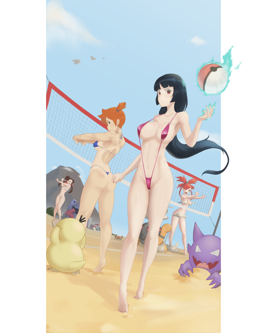 4girls absurdres ass asymmetrical_hair back ball beach beach_volleyball beachball bikini black_hair blue_eyes blue_one-piece_swimsuit breasts brown_eyes brown_hair cloud flannery_(pokemon) gen_1_pokemon gen_3_pokemon haunter highres krabby large_breasts legs long_hair medium_breasts misty_(pokemon) multiple_girls nintendo nosepass one-piece_swimsuit orange_hair playing_sports pokemon pokemon_(anime) pokemon_(classic_anime) pokemon_(creature) pokemon_frlg pokemon_rgby pokemon_rse ponytail psyduck purple_eyes red_hair robot_jones_ roxanne_(pokemon) sabrina_(pokemon) sand short_hair side_ponytail sky slingshot_swimsuit swimsuit tan tanline thighs thong torkoal volleyball volleyball_(object)