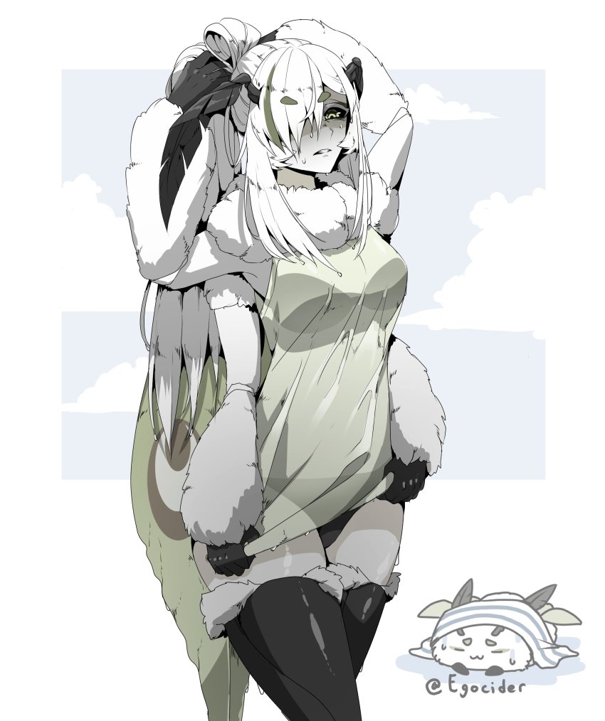 1girl absurdres arthropod_girl black_panties black_sclera blush breasts bug chibi cloud colored_sclera colored_skin commentary english_commentary extra_arms green_eyes hair_over_one_eye highres indie_virtual_youtuber insect insect_girl juniper_(artist) juniper_actias long_hair monster_girl moth moth_girl multicolored_hair original panties see-through_clothes see-through_shirt simple_background solo streaked_hair sweat twitter_username underwear virtual_youtuber white_hair white_skin wings