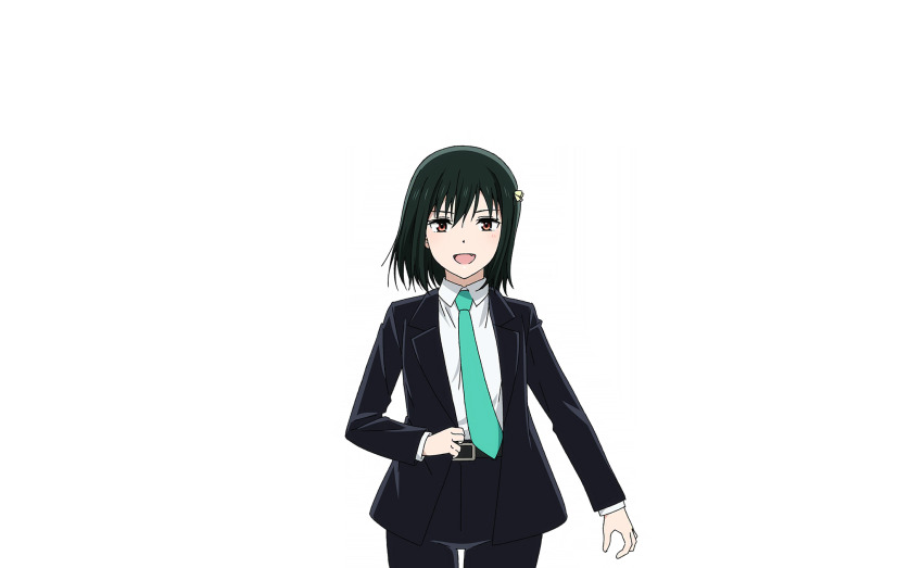 1girl belt belt_buckle black_belt black_hair black_pants black_suit blush buckle business_suit collared_shirt cowboy_shot fang formal_clothes green_necktie hair_ribbon highres long_sleeves looking_at_viewer love_live! love_live!_nijigasaki_high_school_idol_club love_live!_school_idol_festival_2 mifune_shioriko necktie official_art open_clothes open_mouth pants red_eyes ribbon shirt short_hair smile solo suit transparent_background white_shirt yellow_ribbon