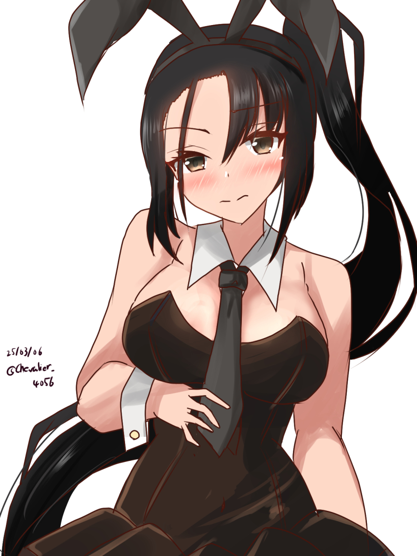 animal_ears black_dress black_necktie blush breasts cleavage dress embarrassed fake_animal_ears highres kantai_collection leotard looking_at_viewer medium_breasts nachi_(kancolle) necktie playboy_bunny rabbit_ears sawatani_(chevalier_04056) strapless strapless_dress upper_body