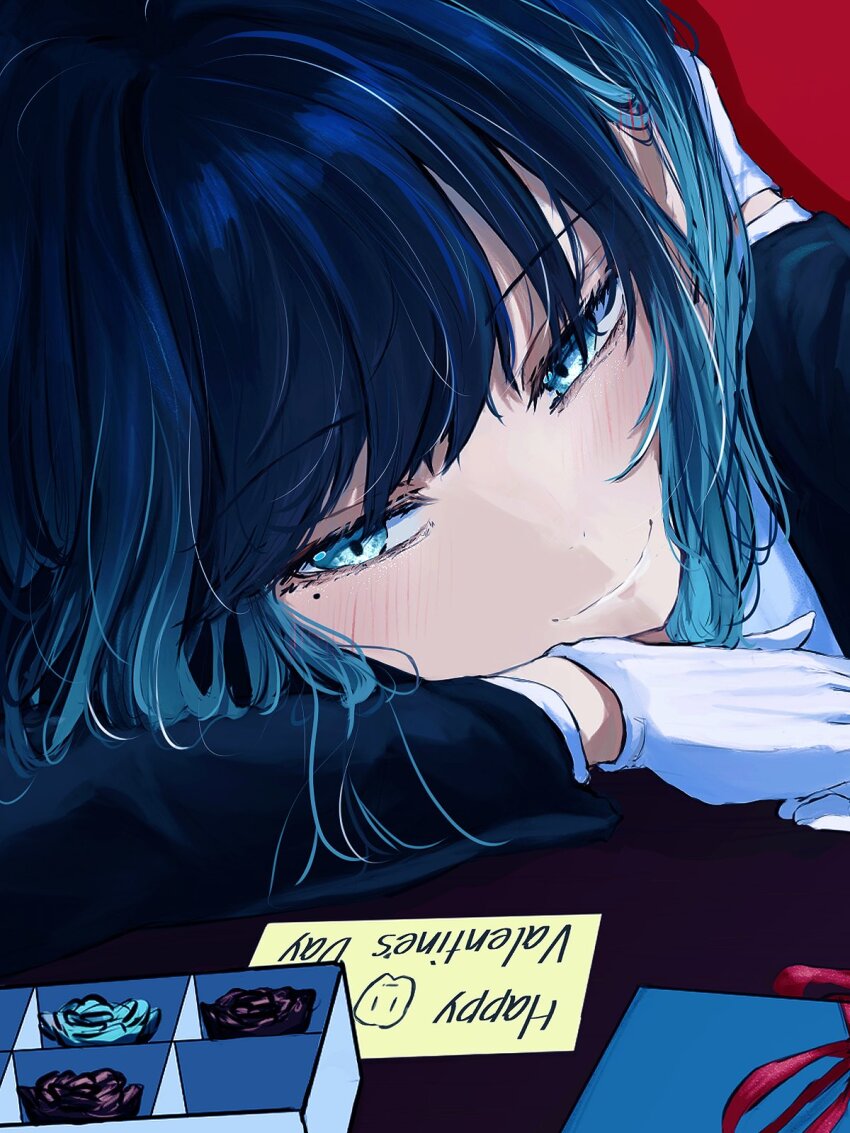 1girl ado_(utaite) blue_eyes blue_hair blush chando_(ado) closed_mouth commentary gloves ha-chan_(ado) happy_valentine highres mole mole_under_eye solo tanake_(tanakei_ado) white_gloves