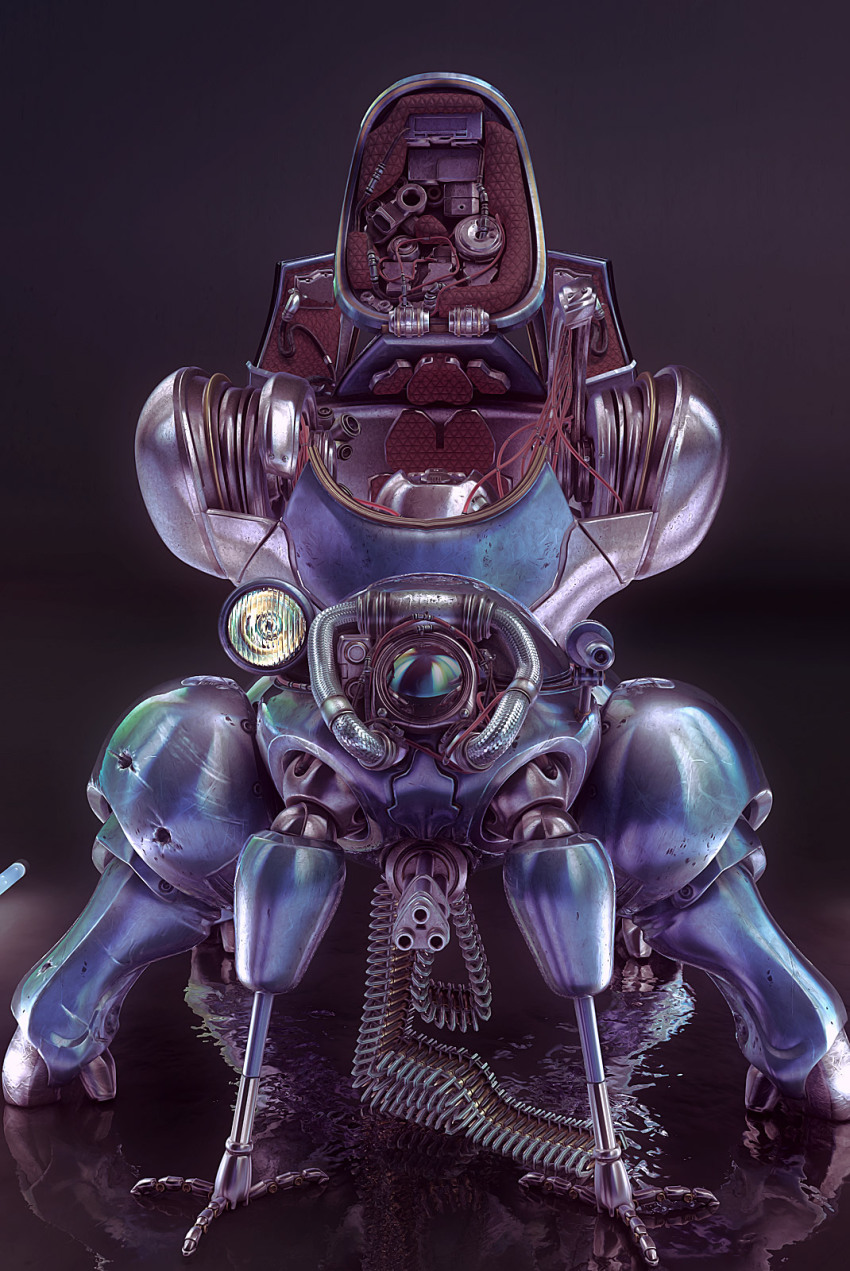 3d ammunition_belt cable fuchikoma gatling_gun ghost_in_the_shell gun highres mecha mecha_focus mechabare no_humans non-humanoid_robot reflection reflective_floor robot searchlight walker_(robot) weapon wen_jr
