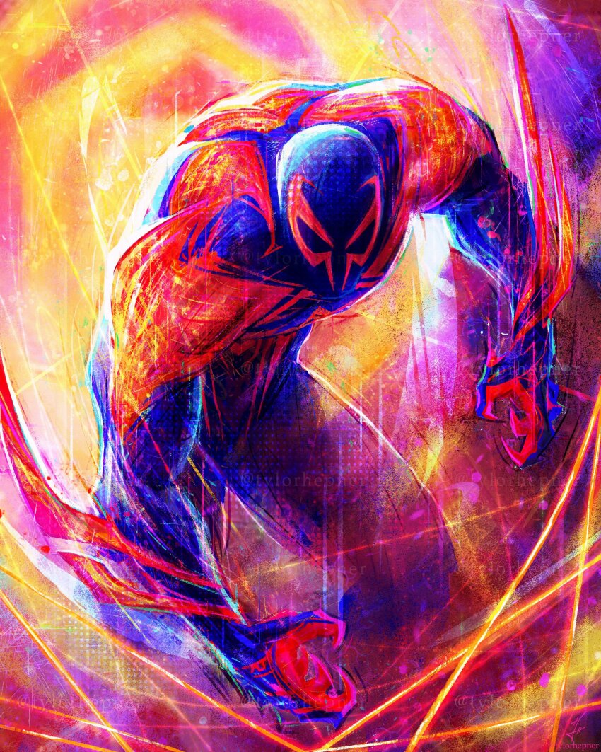 1boy absurdres animal_print artist_name biceps blue_bodysuit bodysuit claws commentary english_commentary highres laser leaning_forward looking_at_viewer male_focus marvel muscular muscular_male print_bodysuit red_bodysuit solo spider-man:_across_the_spider-verse spider-man_(2099) spider-man_(series) spider-verse spider_print standing superhero_costume twitter_username two-tone_bodysuit tylor_hepner