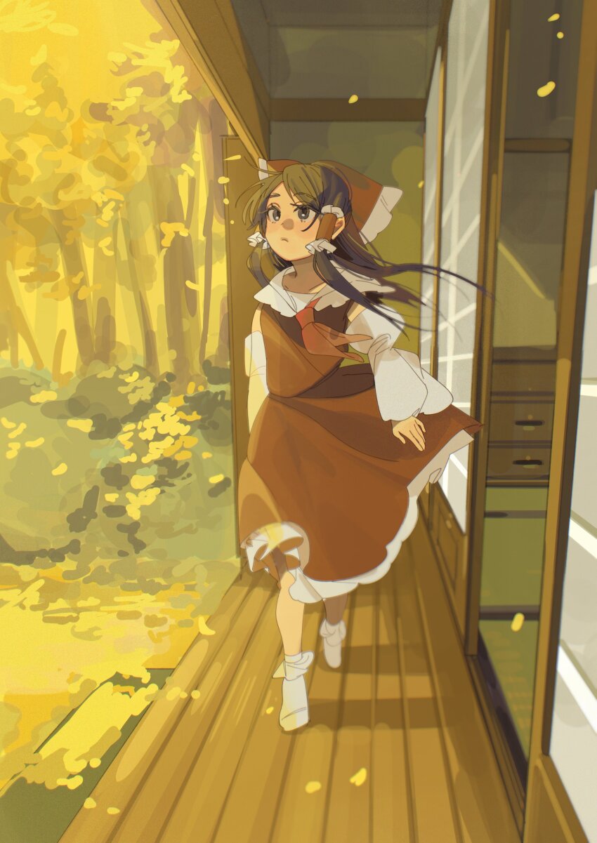 1girl absurdres autumn autumn_leaves black_hair bow closed_mouth commentary_request detached_sleeves expressionless frills full_body hair_tubes hakurei_reimu highres leaf long_hair looking_to_the_side parted_bangs ponytail red_bow red_shirt red_skirt shi_chimi shirt sidelocks skirt sliding_doors socks solo touhou white_socks