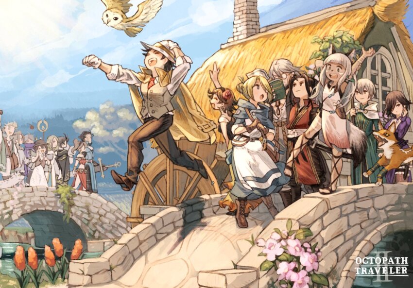 6+boys 6+girls agnea_bristarni alfyn_greengrass animal_ears animal_nose arms_up bird bridge castti_florenz copyright_name cyrus_albright dress everyone facial_mark fox h&#039;aanit_(octopath_traveler) hat hikari_ku irono16 jacket jacket_on_shoulders multiple_boys multiple_girls ochette_(octopath_traveler) octopath_traveler octopath_traveler_i octopath_traveler_ii olberic_eisenberg open_mouth ophilia_(octopath_traveler) ophilia_clement osvald_v._vanstein outstretched_arm owl partitio_yellowil primrose_azelhart smile staff sword tail temenos_mistral therion_(octopath_traveler) throne_anguis tressa_(octopath_traveler) tressa_colzione vest waistcoat walking water_wheel weapon whisker_markings wolf_ears wolf_tail