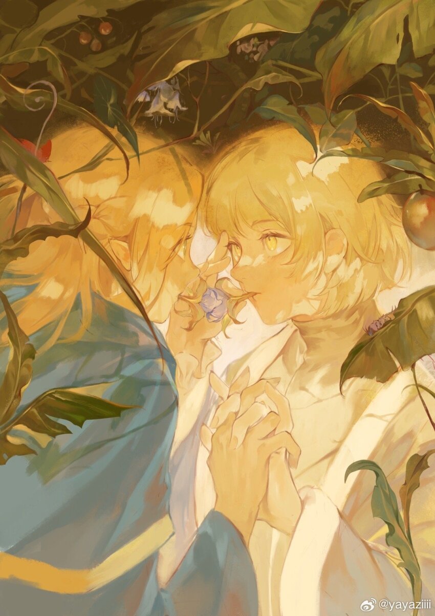 2girls blonde_hair blue_capelet blue_flower blue_robe capelet cherry closed_eyes commentary dungeon_meshi elf english_commentary eye_contact eyelashes face-to-face falin_touden flower food fruit fur-trimmed_robe fur-trimmed_sleeves fur_trim grapes green_eyes grey_robe hand_grab hand_on_another&#039;s_face highres holding_hands interlocked_fingers long_hair long_sleeves looking_at_another marcille_donato multiple_girls plant pointy_ears robe sharing_food shirt short_hair turtleneck turtleneck_shirt unusually_open_eyes upper_body vines watermark weibo_watermark white_shirt wide_sleeves yayaziiii yellow_eyes yuri