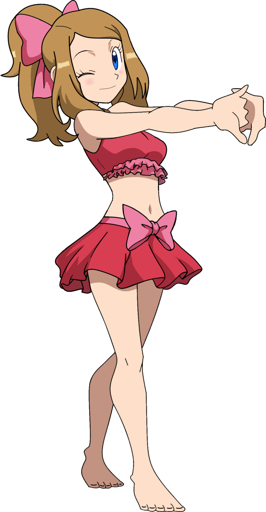 1girl armpits artist_request barefoot bikini bikini_skirt blonde_hair blue_eyes blush bow bow_bikini breasts child creatures_(company) eyelashes feet female_focus full_body game_freak hair_ornament hair_ribbon happy heel_up highres knees legs long_hair looking_at_viewer midriff navel neck nintendo official_alternate_costume official_alternate_hairstyle official_style one_eye_closed outstretched_arms own_hands_together pink_bow pokemon pokemon_(anime) pokemon_xy_(anime) ribbon serena_(pokemon) sidelocks small_breasts smile stretching swept_bangs swimsuit thighs toenails toes transparent_background wink