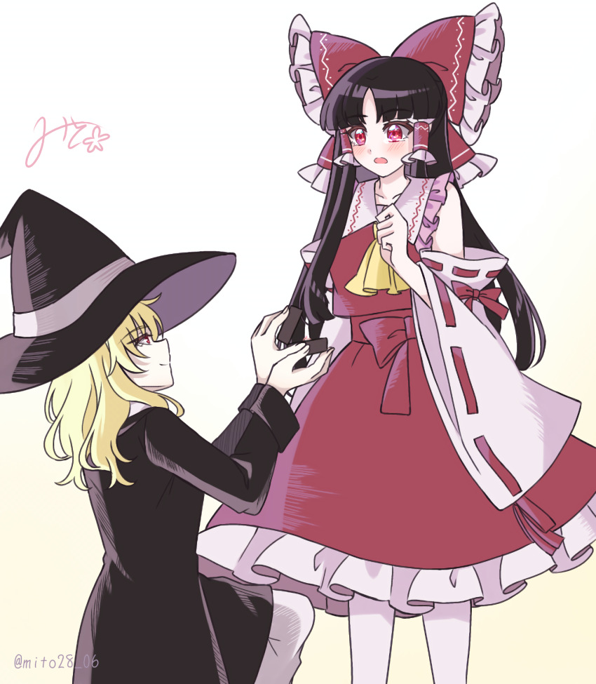 2girls ascot black_hat blonde_hair blush bow brown_hair closed_mouth commentary_request detached_sleeves eye_contact frilled_bow frilled_hair_tubes frills hair_bow hair_tubes hakurei_reimu happy_tears hat highres kirisame_marisa long_hair long_sleeves looking_at_another marriage_proposal mito_(fate) multiple_girls on_one_knee open_mouth red_bow red_eyes red_skirt ribbon-trimmed_sleeves ribbon_trim signature skirt skirt_set smile tears touhou twitter_username very_long_hair witch_hat yellow_ascot yuri