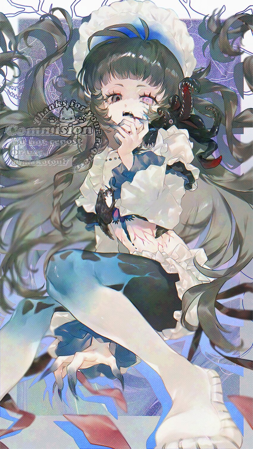 1girl animal animal_on_shoulder between_legs biting black_eyes blood blood_from_mouth blue_horns blue_nails braid commission crop_top fangs feet_out_of_frame fingernails frills grey_hair hand_between_legs hand_to_own_mouth heterochromia highres horns long_fingernails long_hair long_sleeves looking_at_viewer makoto_(konbumi) midriff mismatched_sclera open_mouth original pantyhose pink_eyes puffy_sleeves sharp_fingernails skeb_commission solo teeth very_long_hair