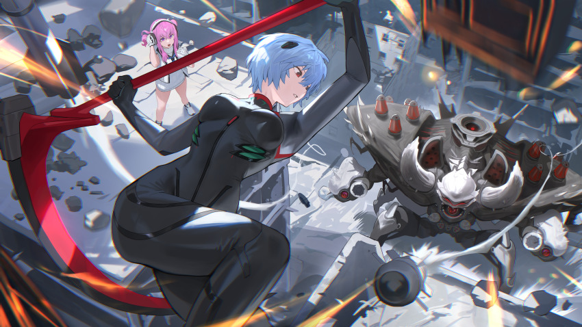 2girls absurdres ayanami_rei black_bodysuit blue_hair bodysuit breasts commentary_request crossover dress evangelion:_3.0_you_can_(not)_redo goddess_of_victory:_nikke bad_tag headphones highres holding holding_scythe hood_(james_x) long_hair mecha_pilot_suit medium_breasts multiple_girls neon_genesis_evangelion outdoors pepper_(nikke) pink_hair plugsuit_(evangelion) rapture_(nikke) rebuild_of_evangelion scythe shoes short_hair skin_tight sweater sweater_dress white_shoes