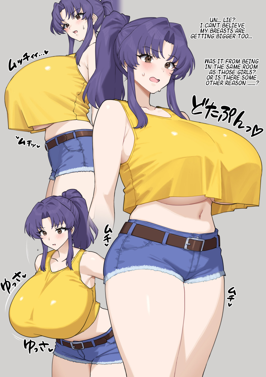 1girl absurdres alternate_language armpit_crease bare_arms bare_shoulders belt breasts brown_belt brown_eyes collarbone commentary_request cowboy_shot crop_top crop_top_overhang curtained_hair cutoffs denim denim_shorts english_text from_side grey_background high_ponytail highres huge_breasts katsuragi_misato leaning_forward light_blush long_hair midriff multiple_views navel neon_genesis_evangelion open_mouth parted_bangs ponytail purple_hair saitou_touko shadow shiny_clothes short_shorts shorts sidelighting sidelocks simple_background solo sound_effects sweat tank_top thighs translation_request underboob yellow_tank_top