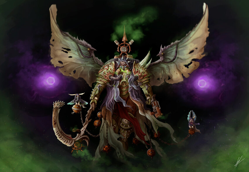 1boy armor armored_boots blurry bolter boots breastplate breathing_tube carrying censer chain chaos_(warhammer) cloak commentary couter crotch_plate cuirass damaged death_guard demon demon_primarch demon_wings depth_of_field english_commentary eye_trail flying full_body fumes gauntlets glowing glowing_eyes greaves green_armor gun highres holding holding_gun holding_scythe holding_weapon hood hooded_cloak insect_wings leg_armor light_trail male_focus mask missing_nose mortarion moth_wings no_pupils nurgle out_of_frame pauldrons pelvic_curtain poleyn power_armor primarch purple_hood rebreather rerebrace respirator rot_fly scythe shoulder_armor signature silence_(weapon) skull skull_ornament slime_(substance) smoke smoking_barrel spiked_armor spiked_hood spikes straight-on torn_clothes torn_wings vaiube warhammer_40k weapon wings