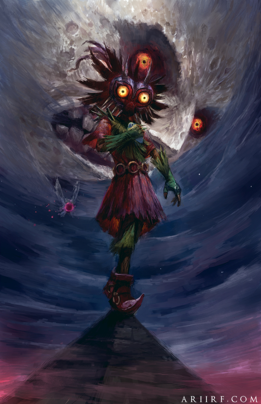1boy ankle_boots ari_ibarra arm_at_side black_sky boots cloud cloudy_sky commentary elbow_gloves english_commentary fairy fairy_wings falling fallstreak_hole fingerless_gloves floating full_body gloves glowing glowing_eyes green_gloves green_shorts hand_up hat highres holding holding_instrument horned_mask instrument light_particles looking_down making-of_available male_focus mask moon_(zelda) night night_sky nintendo nose ocarina on_roof orange_eyes outdoors pointy_footwear red_footwear red_headwear red_shirt scowl shirt short_sleeves shorts skull_kid sky standing star_(sky) straw_hat tael teeth the_legend_of_zelda the_legend_of_zelda:_majora&#039;s_mask watermark web_address wings