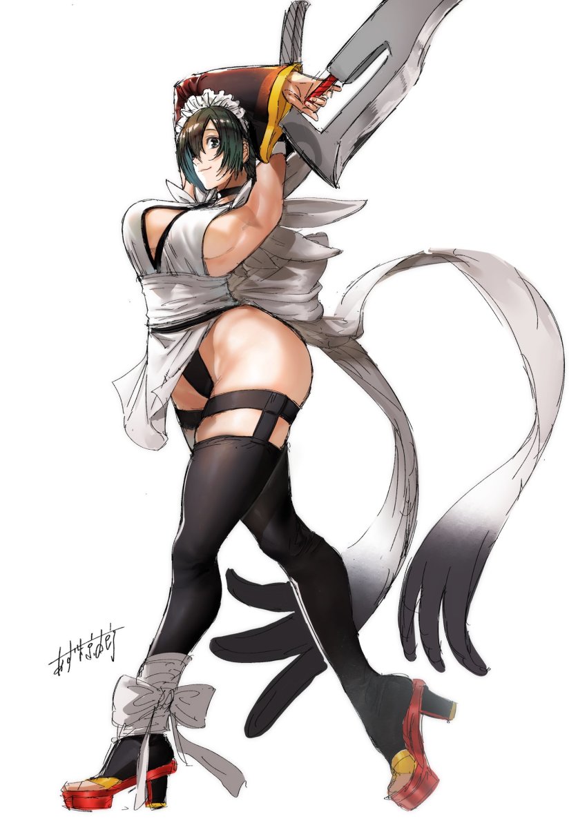 1girl ass azuma_kyoutarou_(artist) bare_shoulders black_hair black_leotard black_sleeves black_thighhighs blade breasts butterfly_swords cleavage curvy female_focus highleg highleg_leotard highres holding holding_weapon huge_weapon iroha_(samurai_spirits) leotard maid maid_headdress samurai_spirits sideboob simple_background solo solo_focus thighhighs thong_leotard toeless_legwear weapon wide_hips
