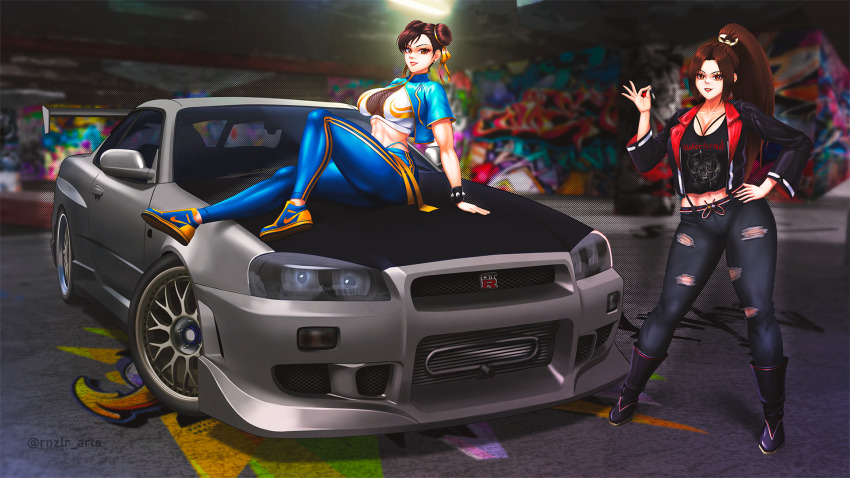 2girls breasts capcom chun-li fatal_fury highres imrinzlergtz_art large_breasts long_hair motorhead multiple_girls nike_(company) nissan nissan_skyline nissan_skyline_gt-r shiranui_mai street_fighter the_king_of_fighters