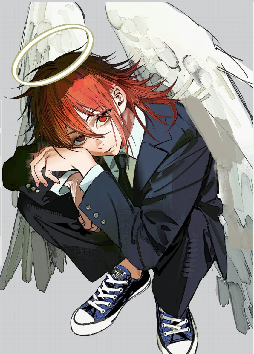 1boy angel angel_devil_(chainsaw_man) angel_wings avandee11949 black_jacket black_necktie black_pants chainsaw_man collared_shirt converse full_body grey_background hair_between_eyes halo highres jacket long_hair looking_at_viewer male_focus necktie pants red_eyes red_hair shirt solo squatting suit_jacket traditional_halo white_shirt white_wings wings