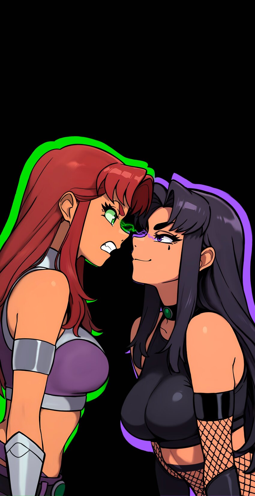 2girls absurdres black_background black_choker black_hair blackfire breasts choker collarbone colored_sclera colored_skin dc_comics fishnet_top fishnets green_eyes highres like_and_retweet long_hair looking_at_another medium_breasts midriff multiple_girls purple_eyes purple_tank_top red_hair redpostit siblings simple_background sisters starfire tank_top teen_titans