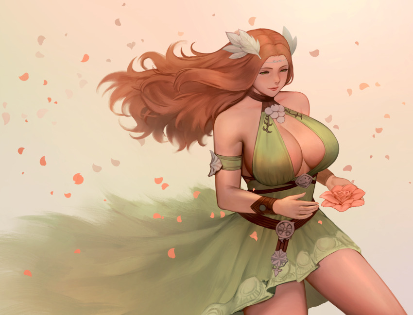 1girl armpits breasts cleavage closed_mouth dress falling_petals final_fantasy final_fantasy_xiv flower green_dress green_eyes highres holding holding_flower large_breasts laurels lipstick long_hair looking_ahead makeup nophica orange_hair petals quest_(artist) sideboob simple_background smile solo wind