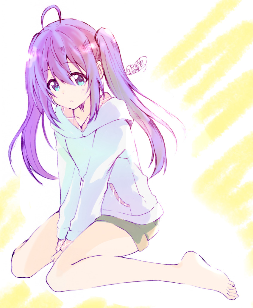 1girl absurdres ahoge bare_legs barefoot between_legs blue_eyes blue_sweater closed_mouth collarbone full_body ginnoturu green_shorts hair_between_eyes hand_between_legs highres idolmaster idolmaster_million_live! long_hair long_sleeves mochizuki_anna purple_hair short_shorts shorts signature sitting solo sweater twintails very_long_hair wariza white_background