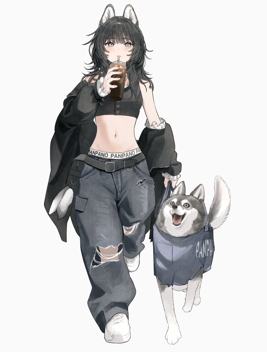 1girl animal_ears belt_buckle black_hair black_jacket black_tank_top blush buckle commentary crop_top cup denim disposable_cup dog dog_ears drink drinking full_body grey_eyes grey_pants highres holding holding_cup husky jacket jeans looking_at_viewer loose_pants midriff navel off_shoulder open_clothes open_jacket original pants shoes simple_background sneakers solo symbol-only_commentary takaya_riku tank_top torn_clothes torn_jeans torn_pants walking walking_towards_viewer white_background white_shoes